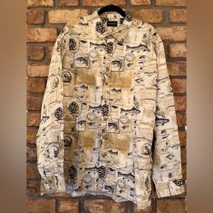 Harbor Bay Beige Fishing-Themed Shirt Button Up 2XL Tall
